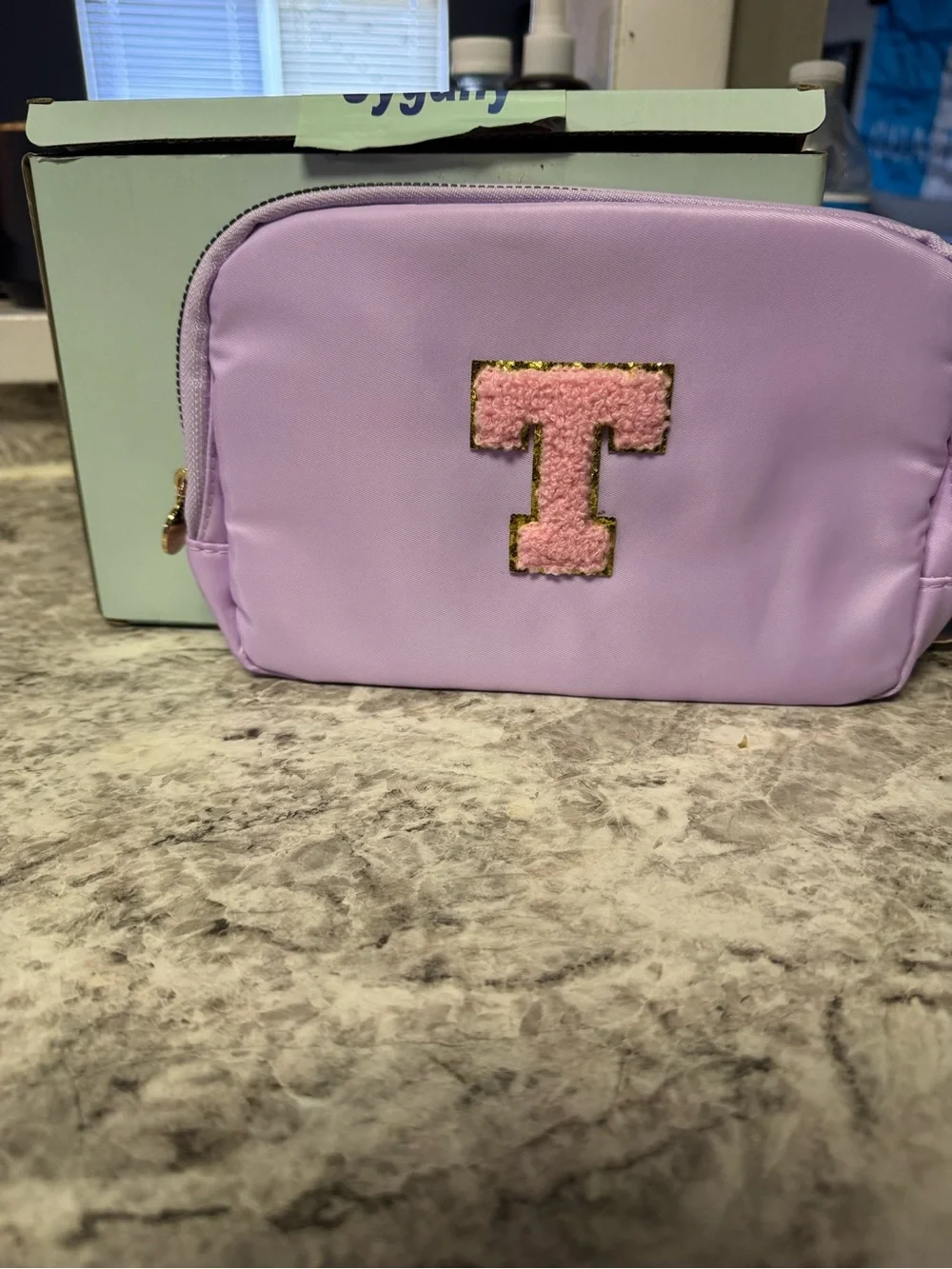 Lavender Cosmetic Pouch with Pink 'T' Accent
